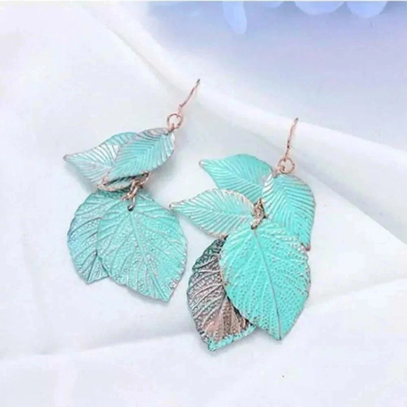 Rustic Blue Green Patina Verdigris Textured Leaves Dangle Earrings - Picture 2 of 5